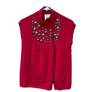 Qi Cashmere Sleeveless Open-style Cardigan w/ embellishments. Hot pink, Sz small